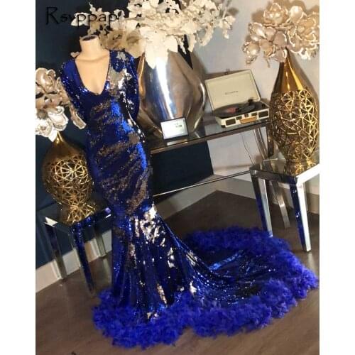 Royal Blue Long Prom Dresses 2021 Sparkly Sequin V-neck Long Sleeves Feathers African Black Girl Mermaid Prom Dress