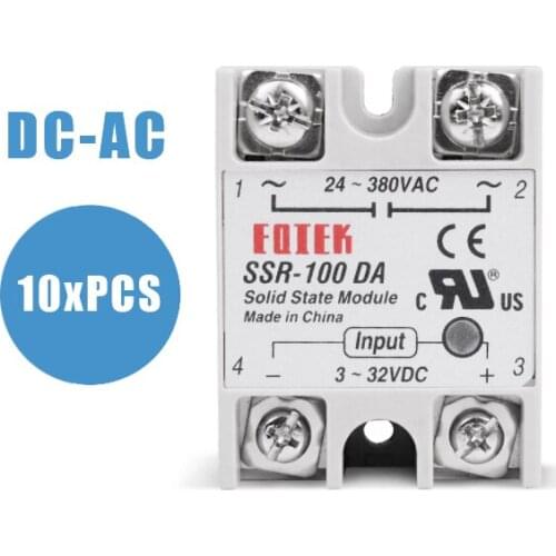10PCS Solid State Module Relay SSR 100DA 100A Single Phase 3-32V 12V DC To 24-380V 220V AC For Temperature Controller