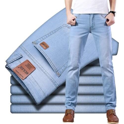 2020 Brand Top Classic Style Men Ultra-thin Jeans Business Casual Light Blue Stretch Cotton Jeans Male Brand Trousers