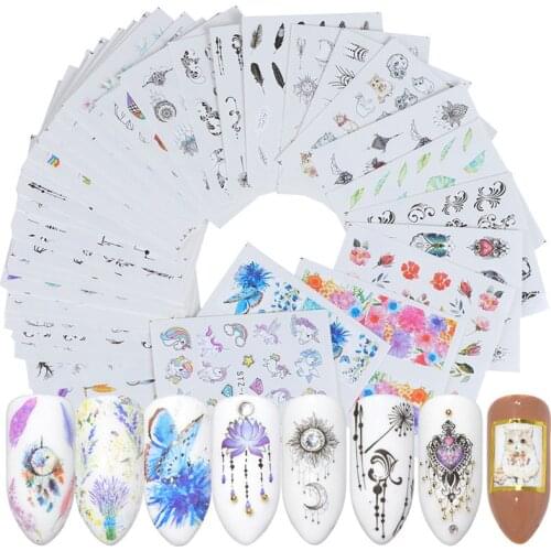 40pcs Nail Water Sticker Flower Animal Feather Nail Art Paper Decoration Manicure Tattoos Creative Designs Watermark Decals Tool