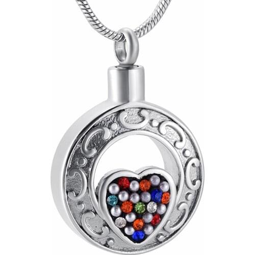 9926 Multi-colour Crystal Heart In Round Stainless Steel Memorial Urn Jewelry Ashes Holder Keepsake Cremation Necklace for Women