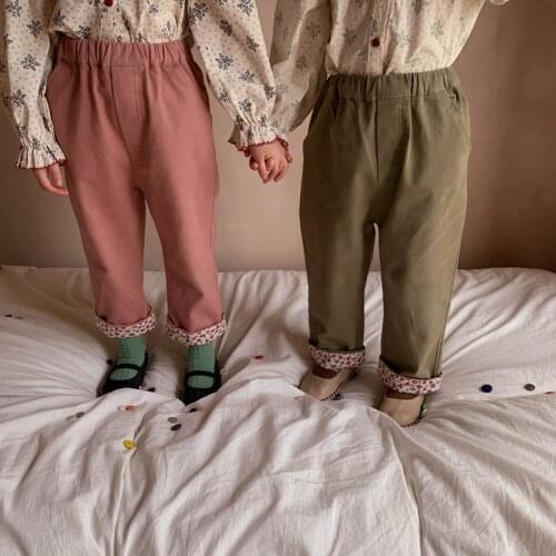 Autumn New Korean Style Childrens Broken Lace Casual Pants Girls Foreign Style Pure Color Patchwork Trousers Crimping Pants Boy