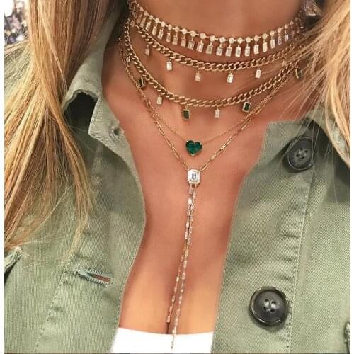 Gold filled sparking cz miami cuban link chain with colorful baguette cz drop charm Rock hiphop women choker layer necklace