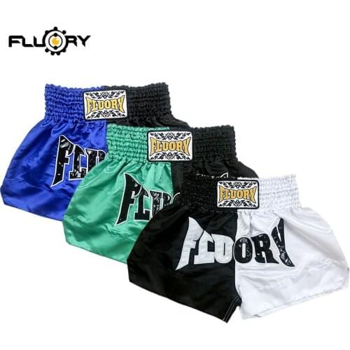 Black and white muay thai shorts print and embroidery patches mma shorts trainning and competing kick boxing shorts