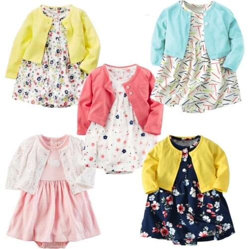 Baby Girls' Playwear Dresses Baby Girls' 100% Cotton Dress and Cardigan Set 2 Piece Short Sleeve Dress + Button Front Cargian