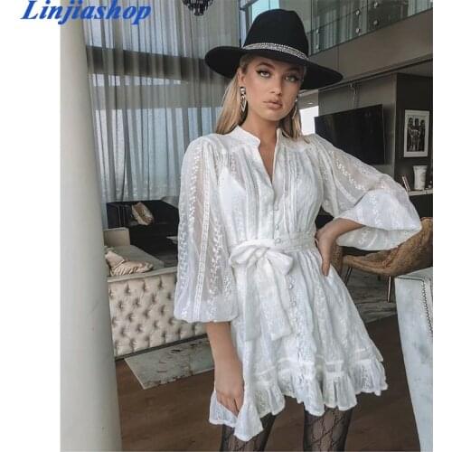 Elegant short summer dress women cotton embroidery long sleeve loose sashes mini dress ladies vestidos robe femme