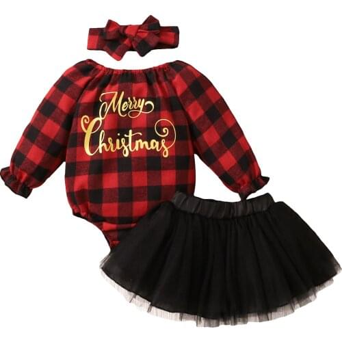 Baby Girls Clothes Christmas Set Printed Pattern Long Sleeve Romper Black Yarn Skirt And Headdress 3Pcs 0-12M Clothing Sets Kids