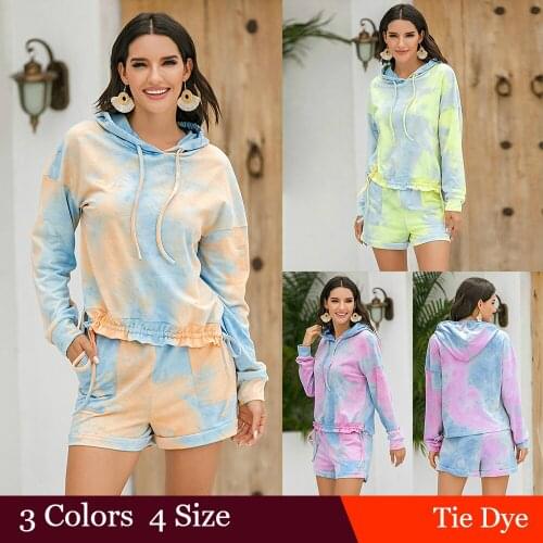 Girl Tie-dye Print Hooded Hoodie Shorts Set Two Piece Casual Long Sleeve Hoodies Shorts Suit Homewear Sexy Women 2 Piece Outfits
