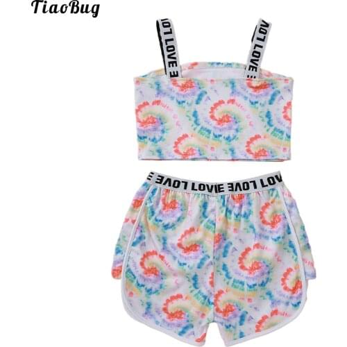 Summer 2Pcs Kids Girls Yoga Swimming Suit Shoulder Straps Sleeveless Letters Print Vest T-Shirt Shorts Sling Swimsuit