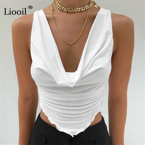 Liooil Asymmetrical Black White Sexy Ruched Corset Tops Women Summer 2021 Streetwear Sleeveless V Neck Draped Short Tank Tops