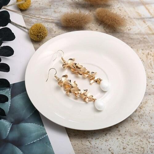 Fashion Brincos Dangle Earrings Shellhard Charming Long Orchid Flower Pearl Drop Earring Femme Bijoux Punk Party Jewelry