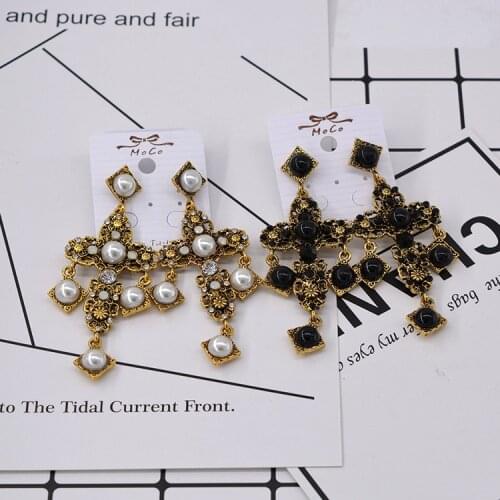 New Euramerican Vintage Pop Baroque Style Brand Jewelry Rhinestone Black white pearls Cross Earrings Womens accessories