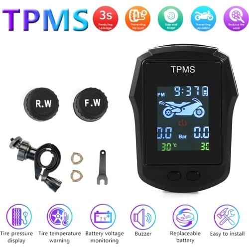 NEW-Motorcycle TPMS LCD Digital Tire Pressure Monitor System with Battery Voltage Monitor Time Display Tire Temp Warning