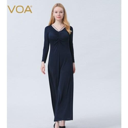 VOA Silk Knitted 33m/m Navy Blue V-neck Wrapped In Chest and Long Sleeve Fold Soft Dignified Elegant Dresses for Women AE1032