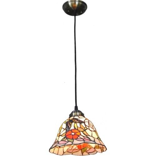 Tiffany Retro Butterfly Glass Handmade 8 Inch Simple Pastoral Flower Stained Glass Suspended Luminaire Chain Pendant Light PL735