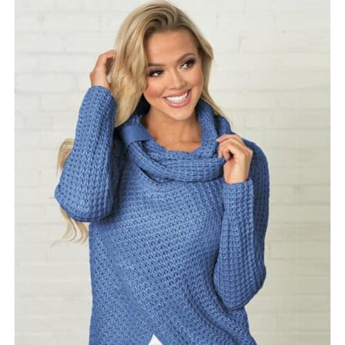 2019 Pullover women Sweater Autumn Winter Warm Female Jumpers Solid Long-Sleeve Tops Knitting Turtleneck Femme Sweater Blue