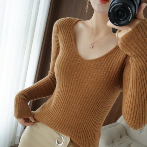 100% Pure Wool Sweater Women Pullover 2021 Autumn Winter New V-Neck Warm Soft Knitted Pullover Female High Elastic Slim Jumper