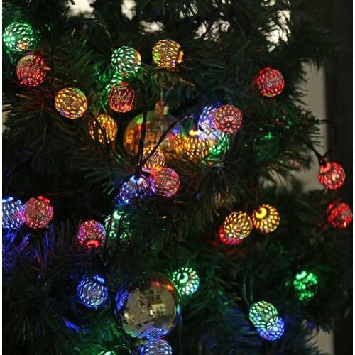 LED Solar String Light Metal Hollow Moroccan Ball Fairy Lamp Garden Decor Waterproof Metal Colorful Lantern Light