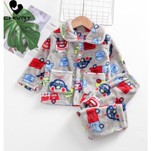 New 2020 Kids Boys Girls Autumn Winter Warm Flannel Pajama Sets Cute Cartoon Lapel Tops with Pants Baby Sleeping Clothing Sets
