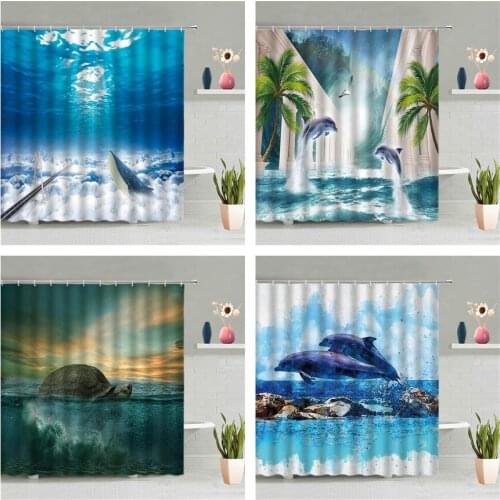 Dolphin Sea Turtle Shower Curtain Blue Ocean Animal Bathroom Wall Hanging Curtains Accessories Bathtub Screen Hook Home Decor