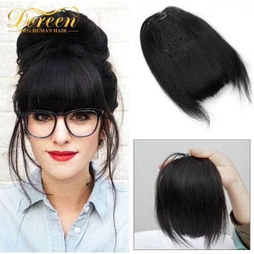 Doreen 9 inch Human Hair Bangs Clips in Real Natural Fringe hairpieces Machine Made Remy 3 Clips Blunt Bangs Natural Black