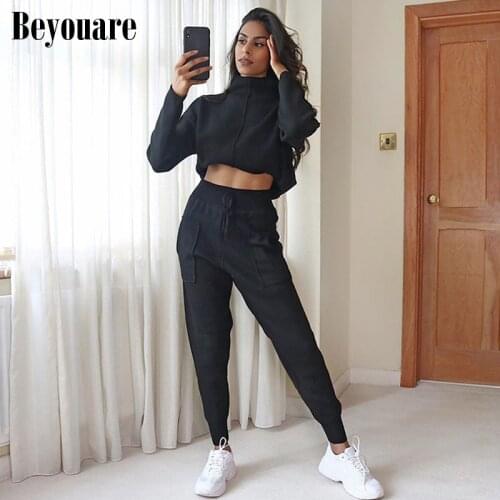 Beyouare Autumn Casual Simple Solid Sweatshirt Women Two Piece Suit Turtleneck Full Sleeve Loose Top Elastic Waist Pockets Pants