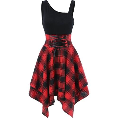 Fashion Dresses Women Sleeveless Cold Shoulder Tank Dress Cross Lace Up Plaid Print Irregular Mini Dress Sukienka damska платье