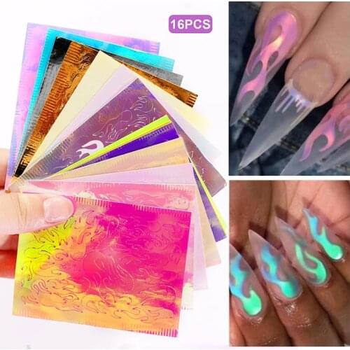 16PCS Colorful Fire Flame Strip Tape Nail Decoration Stencil Hollow Stickers DIY Fires Manicure Nail Art Sticker