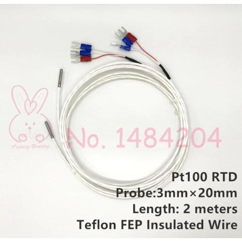 2x PT100 Temperature Sensor 3mm*20mm Waterproof Oil Proof Platinum Resistance RTD Probe 3-Core FEP 3 Wire 2m -40 ~ 400C