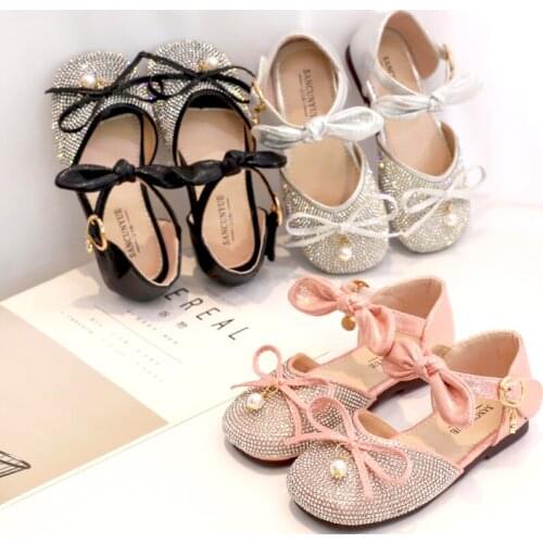 2020 kids shoes for girl sandals summer autumn crystal narrow band butterfly Pearl Princess Bow Dance Children Shoes Mary Janes