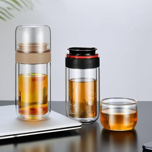 Double-layer Borosilicate Glass Tea Water Infuser Bottle Teacup With Filter Tumbler Portable Office car Business Cup Men Mug