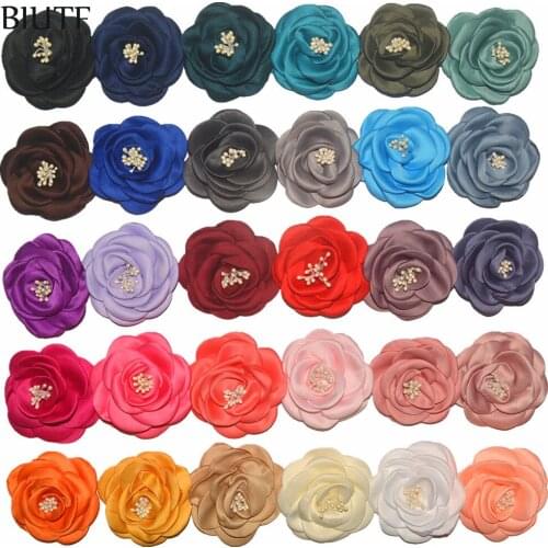 100pcs/lot Headwear DIY Supplies 3 inch Satin Burned Camellia Flower with Hairpin Hair Band Accessories for Women and Kids TH250