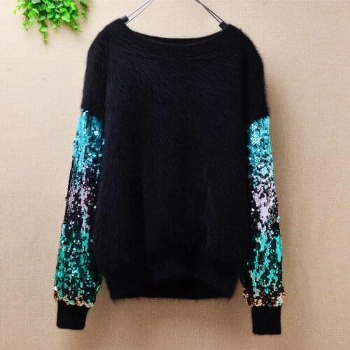 Hip pop female short blouses sequined long sleeve Angora fur knit pullover MInk Cashmere plush Spring sweater