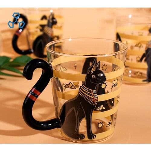 Classical creative design hand-made black cat totem glass water cup with handle glass for milk juice mugs coffee cups