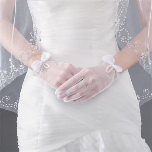 Short Wedding Bridal Gloves With Bow White Ivory Transparent Guantes De Novia Tulle Gloves Bride Wrist Length Full Finger Gloves