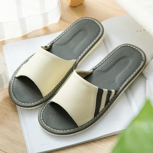 Leather slippers female summer indoor home household couple sandals and slippers male non-slip flat with soft bottom