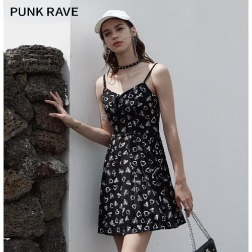 PUNK RAVE Girls Summer Suspender V-Neck Dress Street Daily Sweet Sexy Temperament Hot Girl A-line Dress Waist Thin Mini Dress