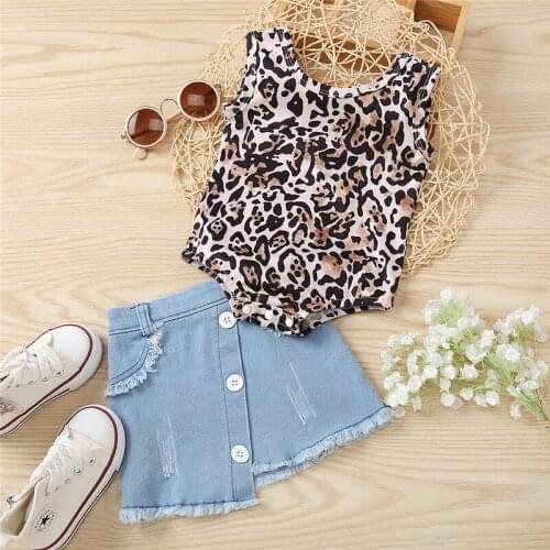 0-18M Fashion Toddler Baby Girls Summer Clothes Sleeveless Leopard Print Rompers Tops+Irregular Ripped Denim Button Skirts