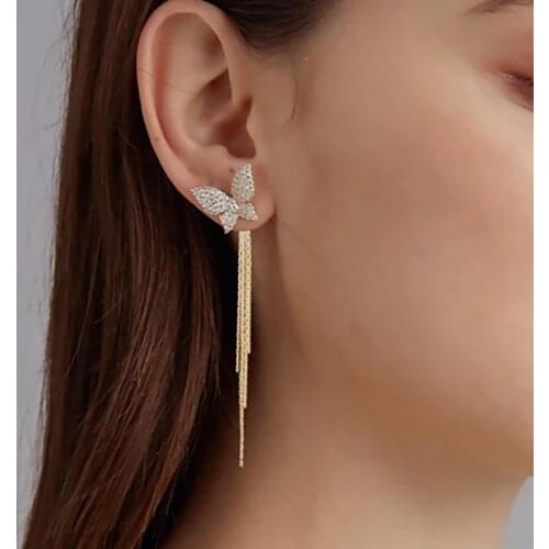 Fashion Shiny Crystal Long Tassel Butterfly Drop Earrings 2021 Trend Hanging Women Earrings Korean Jewelry Girls Party Gift