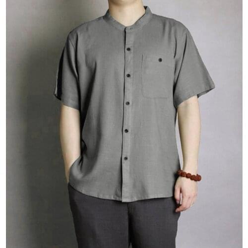 Mens solid color short-sleeved shirt summer loose cotton and linen solid button short-sleeved retro top футболка 40
