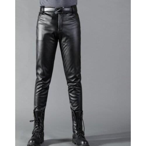 Plus velvet faux leather pants mens feet pants fashion motorcycle spring autumn pu trousers men personality pantalon homme black