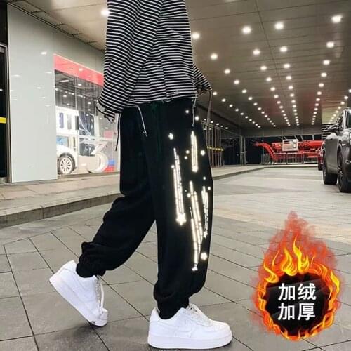 Hip Hop Mens Reflective Black Gray Sweatpants 2021 Korean Streetwear Man Casual Winter Fleece Joggers Pants