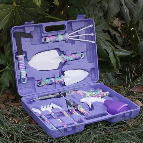 10 Piece Garden Tools Set Flower Print Aluminium Gardening Tools with Trowel Transplanter Rake Weeder Pruner Shears Sprayer
