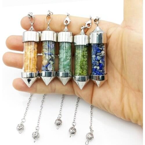 Natural Reiki Gravel Stones Wish Bottle crystal Pendant 7 Chakra Stone Chain Pyramid Point Pendulum Healing Amulet Jewelry