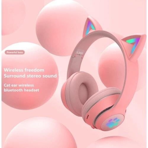 Glowing LED Cute Cat Ears Headphones Bluetooth Wireless Headset With Mic Stereo Music Earbud Phone Earphone For Kid Girl Gift
