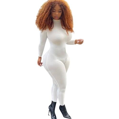 Solid Long Sleeve Jumpsuit Women Overalls Autumn High Neck Skinny Sportswear Casual Fitness Bodycon Rompers Womens Jumpsuits