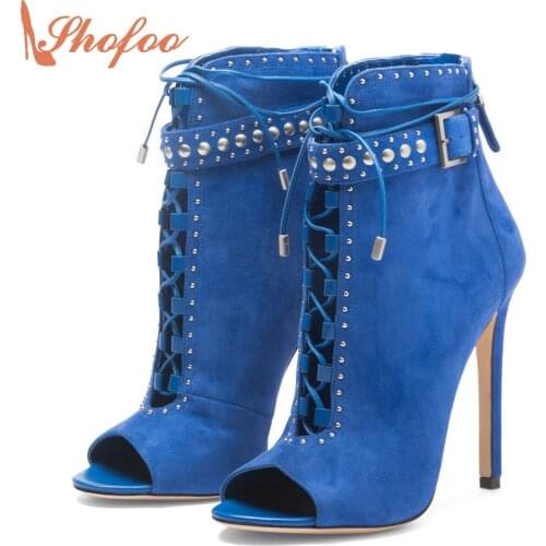Shofoo Blue Sexy Genuine Leather Fashion Stiletto Ankle Open Toe Boots High Heels Rivets Shoes Woman Party Dress Large Size 4-16