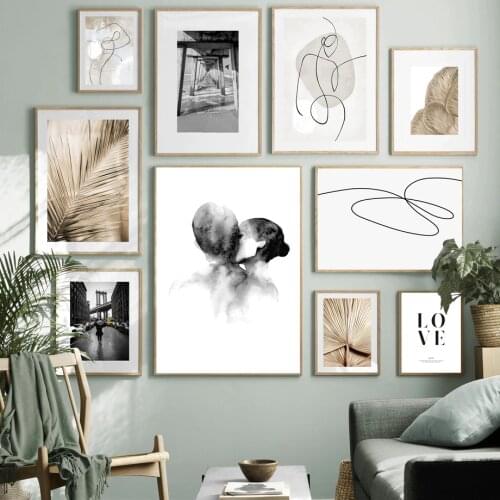 Nordic Vintage Poster Banana Leaf Plant Kiss Abstract line Wall Art Print Canvas Painting Wall Pictures For Living Room Decor