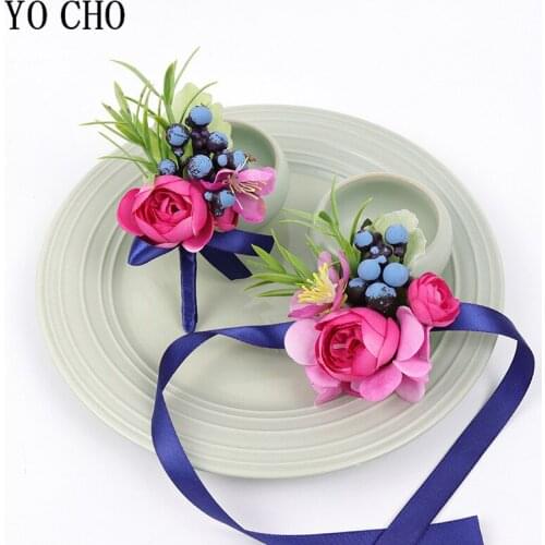 YO CHO Wedding Flower Wrist Bracelet for Bridesmaids Men Boutonniere Artificial Silk Rose Wedding Sister Wrist Corsage Flowers