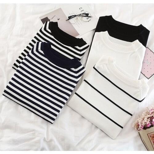 Spring and autumn 2020 knitted bottoming Shirt New Stripe versatile T-shirt womens short sleeve womens top summer